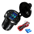 Black 12V car USB-C dual-port charger with QC 3.0 and PD3.0 display, dust cover open