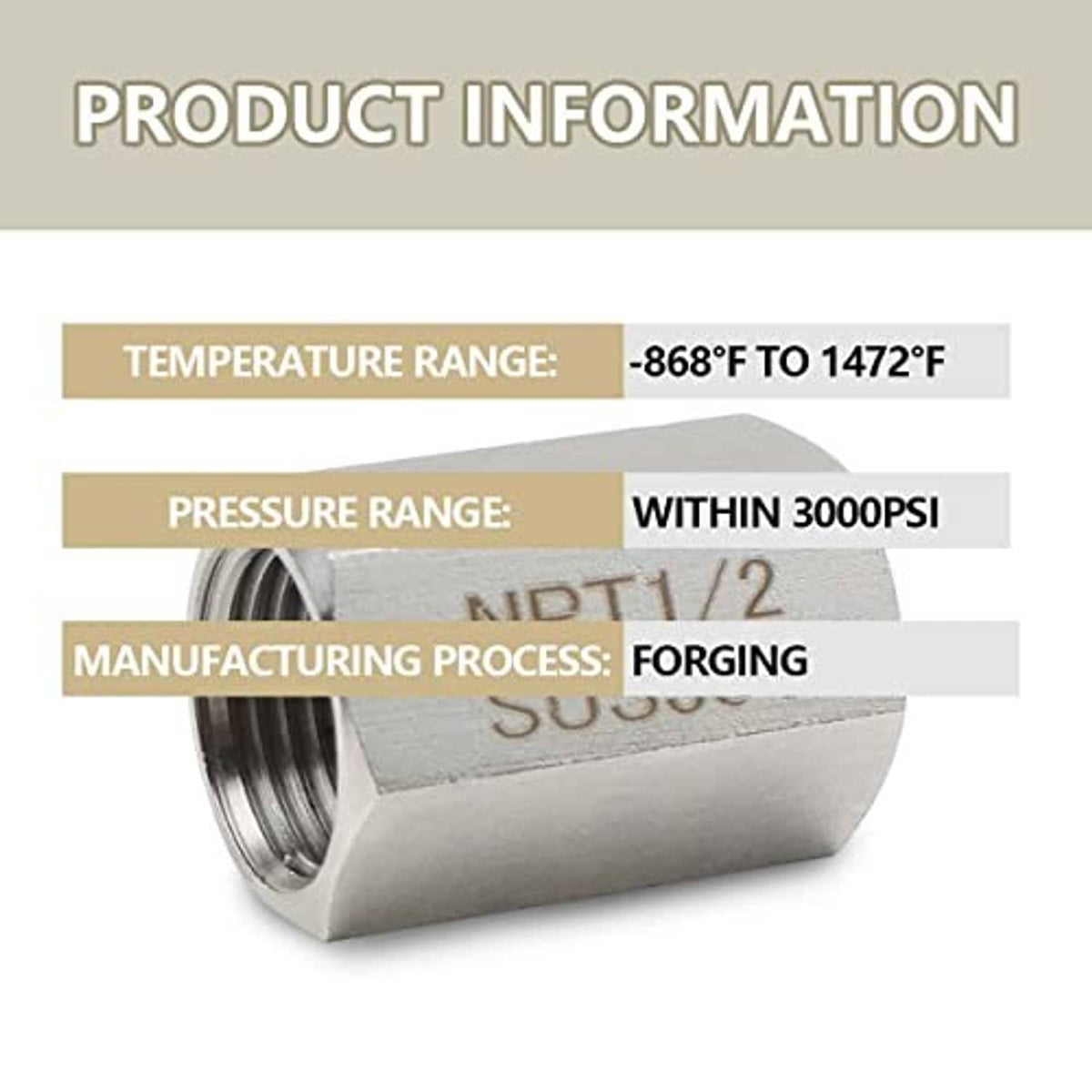 Forged stainless steel hex coupling with NPT 1/2 threads and SUS304 marking