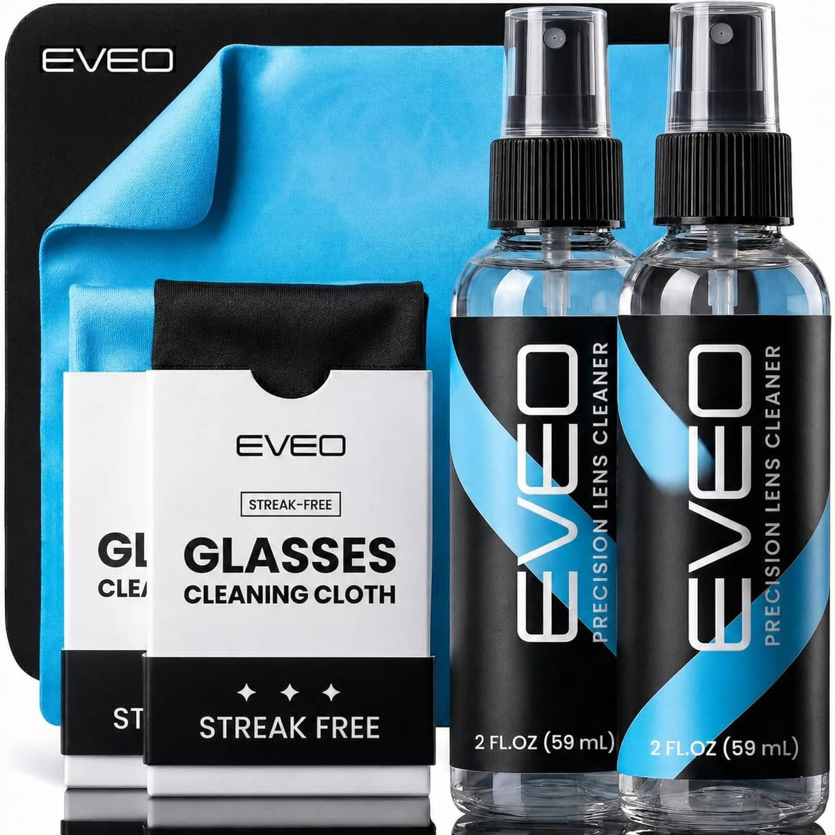 Glasses cleaning spray bottles and streak-free microfiber cloth set, black
