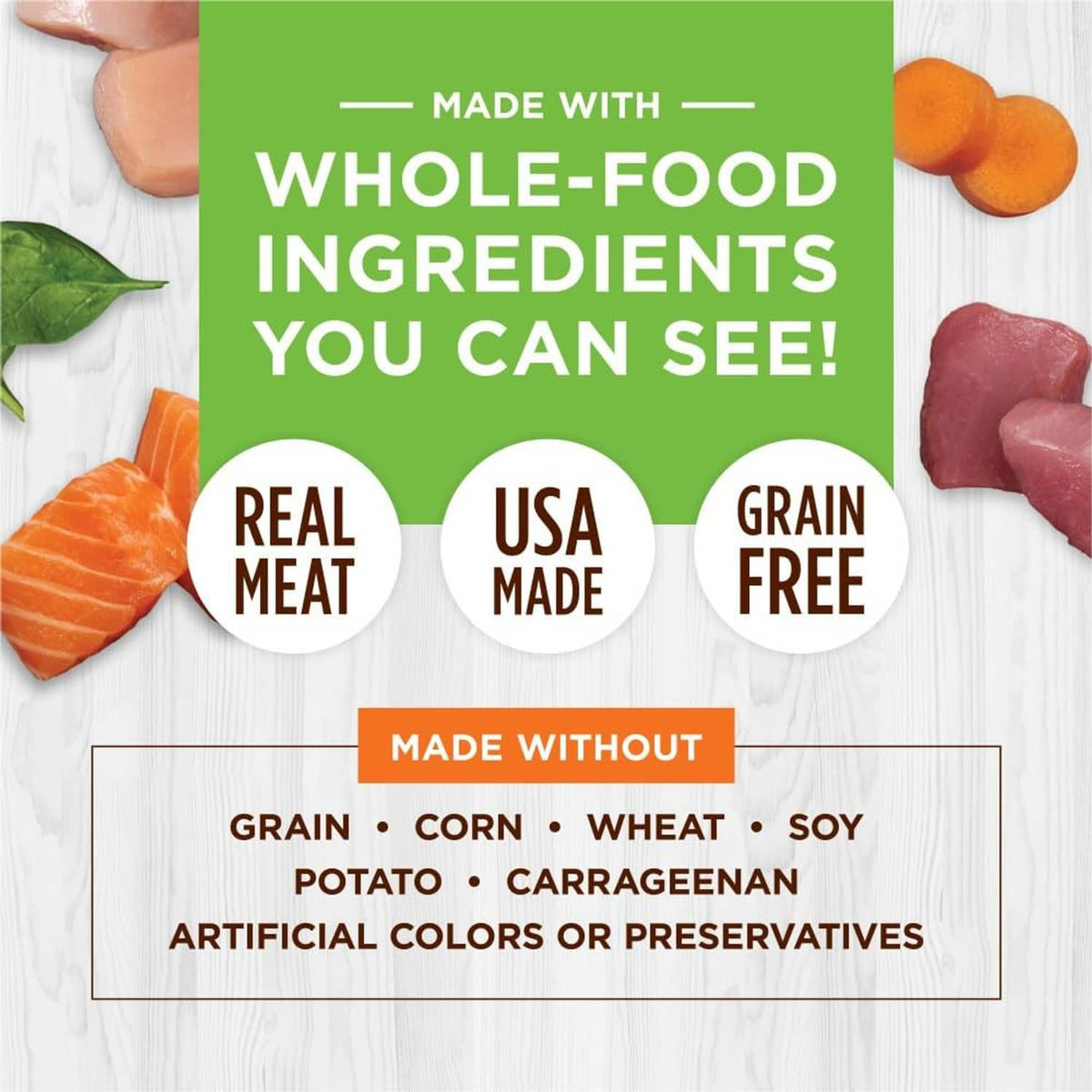 Grain-free wet cat food packaging highlighting whole-food ingredients and real meat