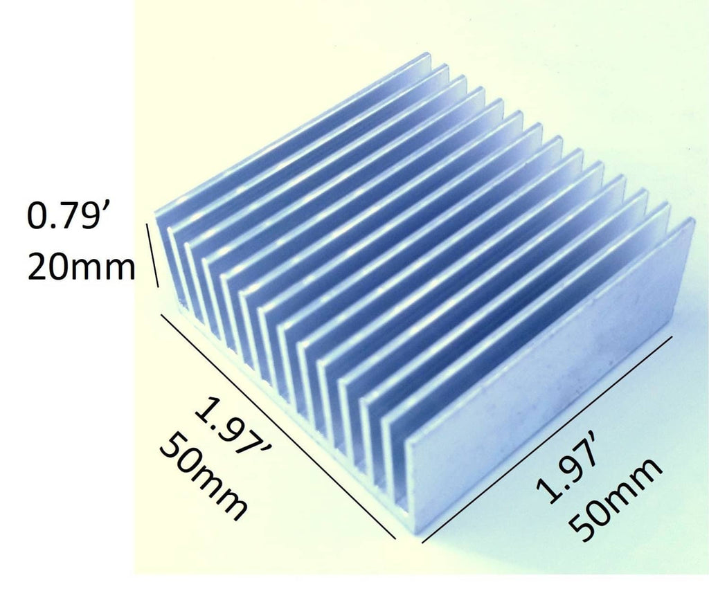 Single aluminum heatsink with cooling fins, 50mm x 50mm x 20mm