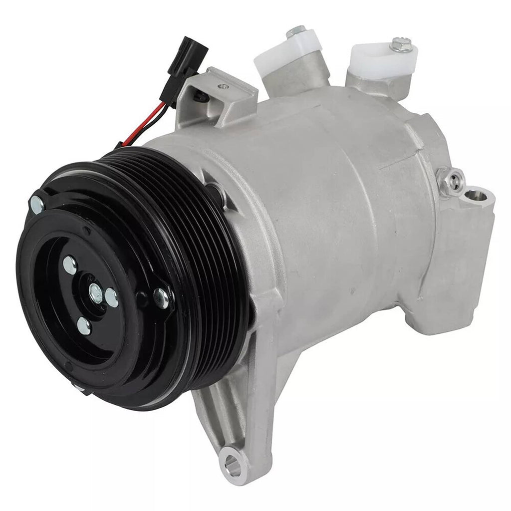 A/C compressor with black pulley, silver housing, and electrical connector at top