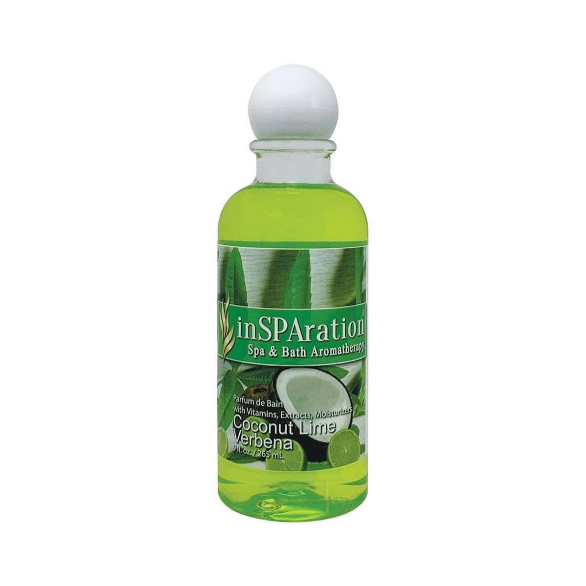 inSPAration bath aromatherapy additive bottle, green liquid with coconut lime verbena