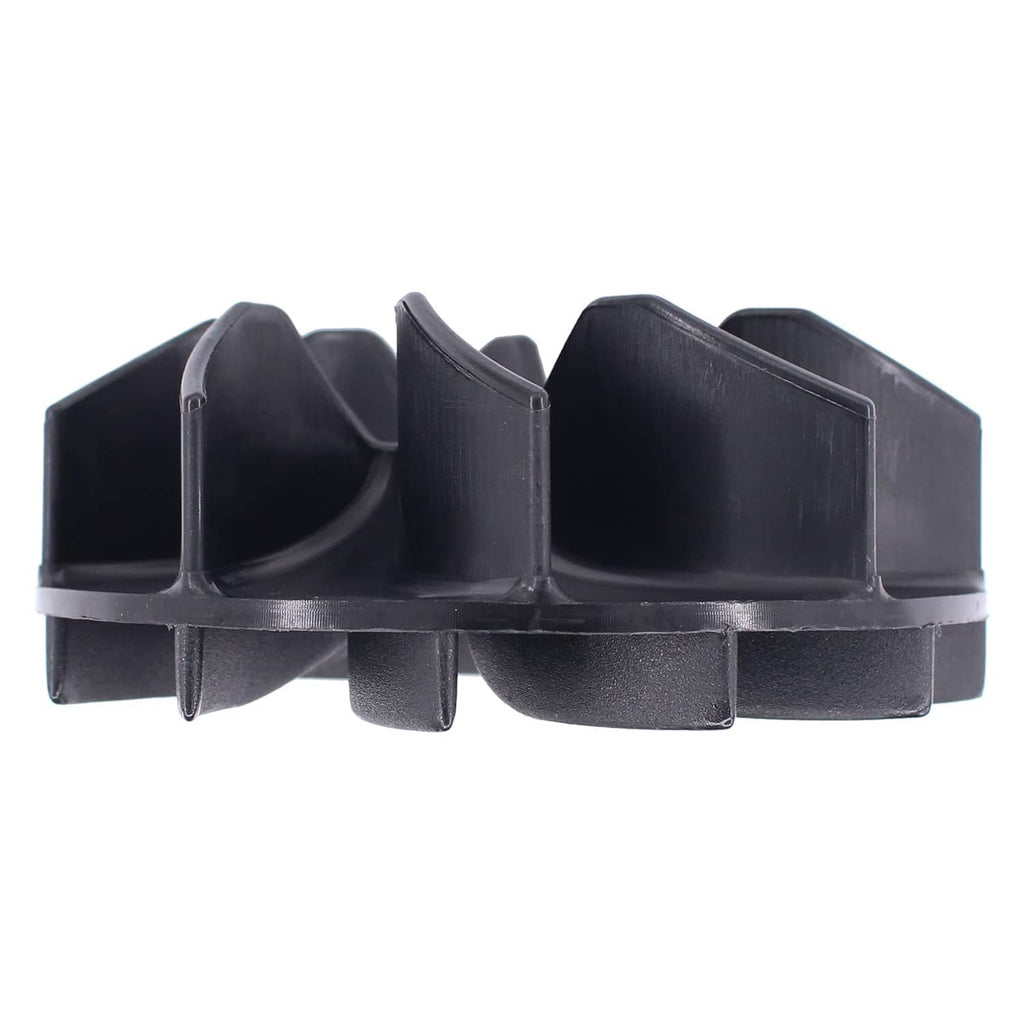 Black plastic impeller fan side profile with molded blade channels and tabs