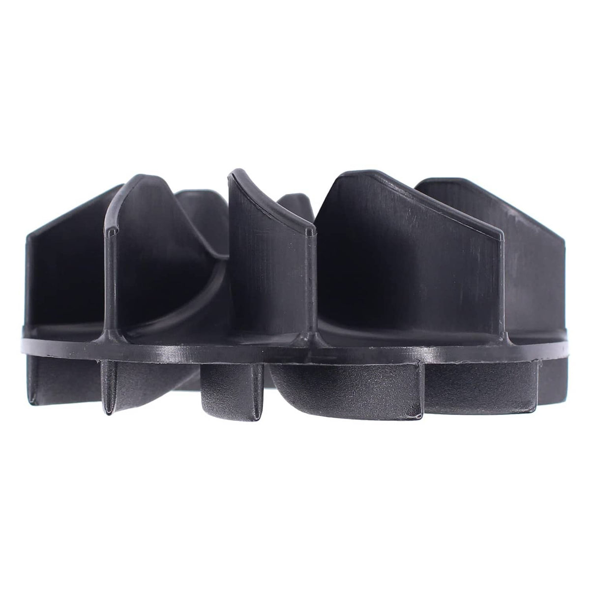 Black plastic impeller fan side profile with molded blade channels and tabs