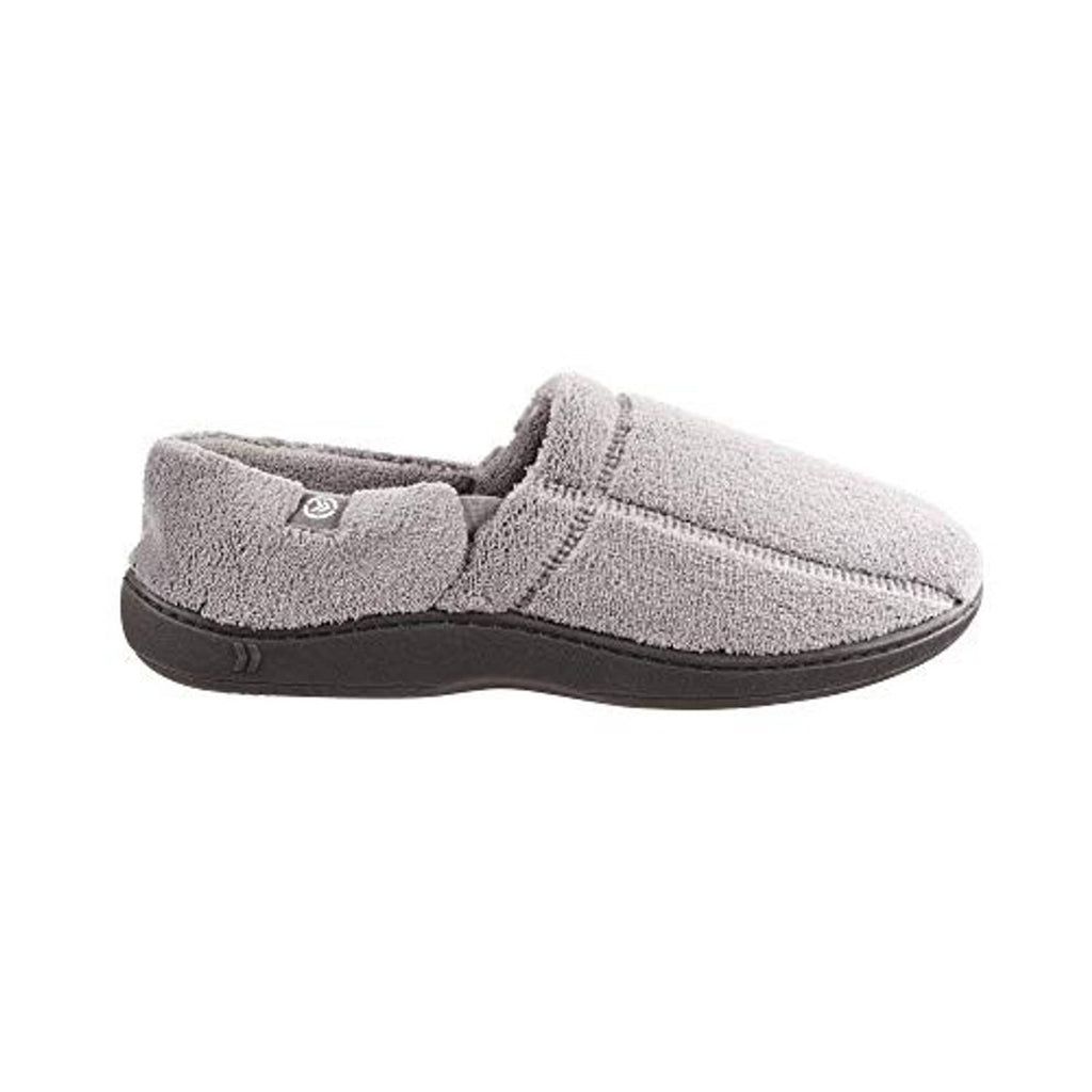 Men's charcoal microterry moccasin slipper, side profile with elastic collar and dark sole