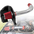 Cold air intake tube with red cone air filter and black heat shield, shown installed on engine bay