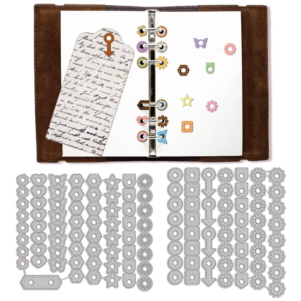 Page tab hole reinforcement cutting dies set with gear, star, circle, and tab shapes