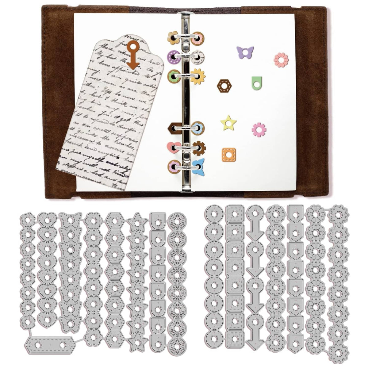 Page tab hole reinforcement cutting dies set with gear, star, circle, and tab shapes