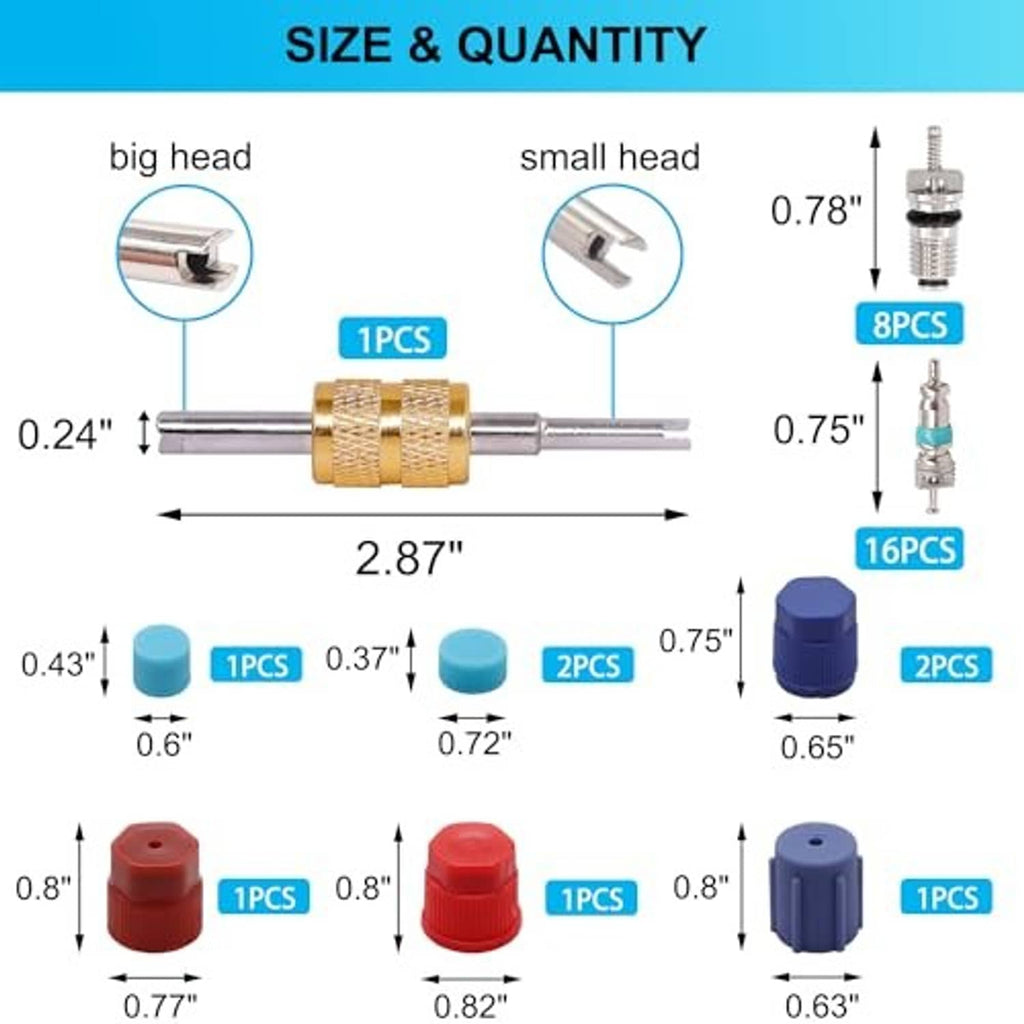 Car A/C valve core kit size chart with valve cores, caps, and removal tool dimensions