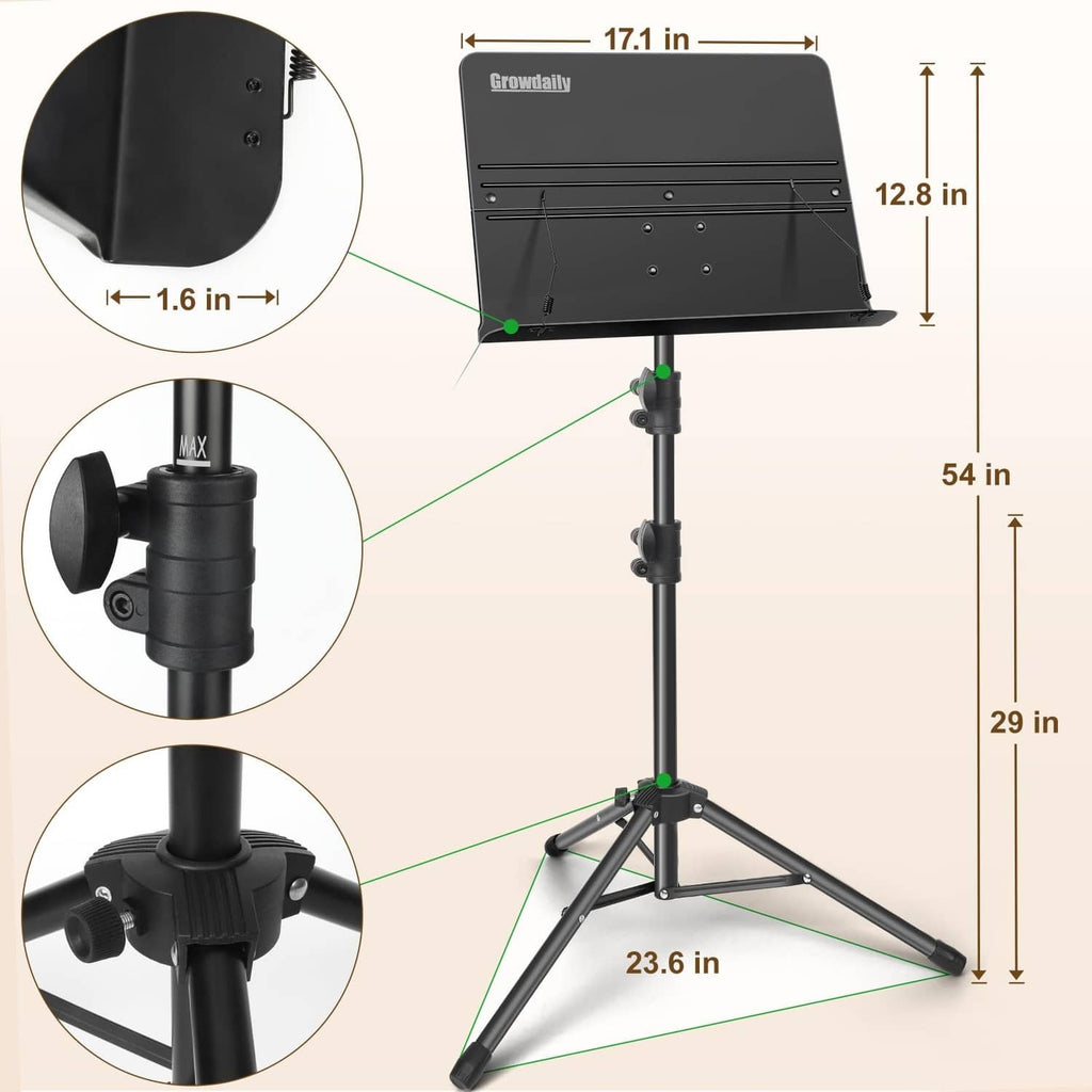 Black folding music stand with height-adjustable tripod base and angled music rest