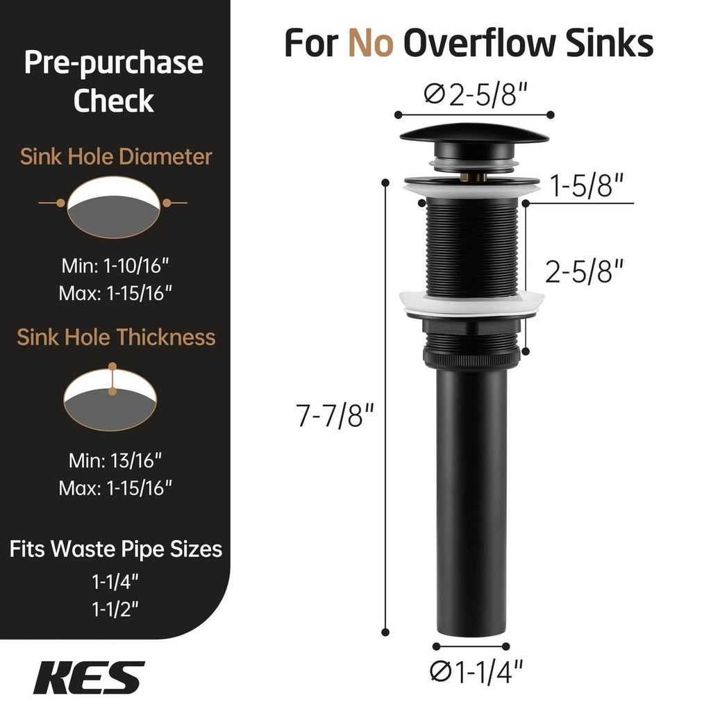 Pop-up sink drain for no-overflow sinks with matte black stopper and threaded body