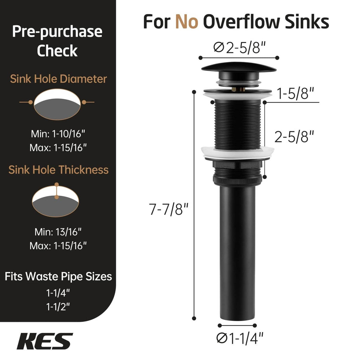 Pop-up sink drain for no-overflow sinks with matte black stopper and threaded body