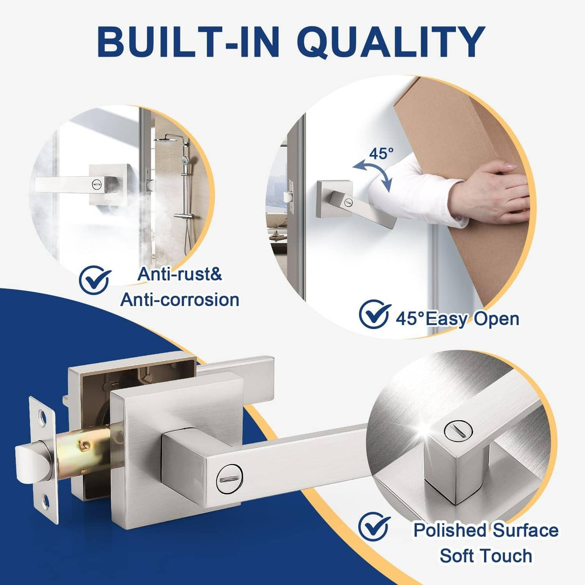 Brushed nickel modern square door handle lever with rosette and latch hardware, 2-pack.