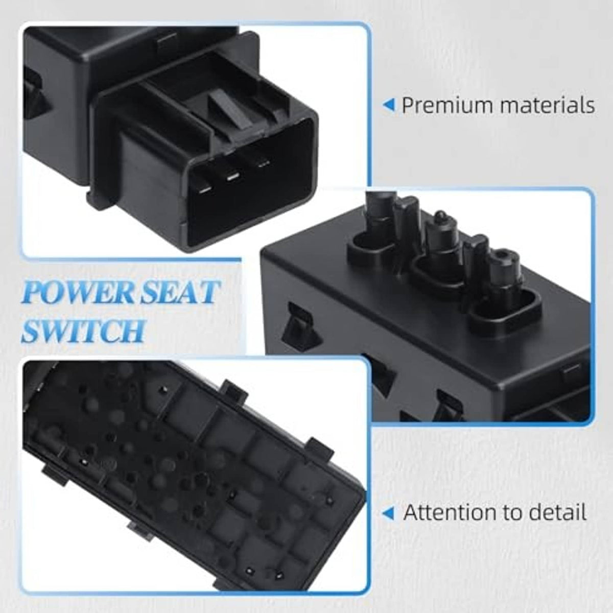 Black front power seat switch with open connector housing and multi-post control top