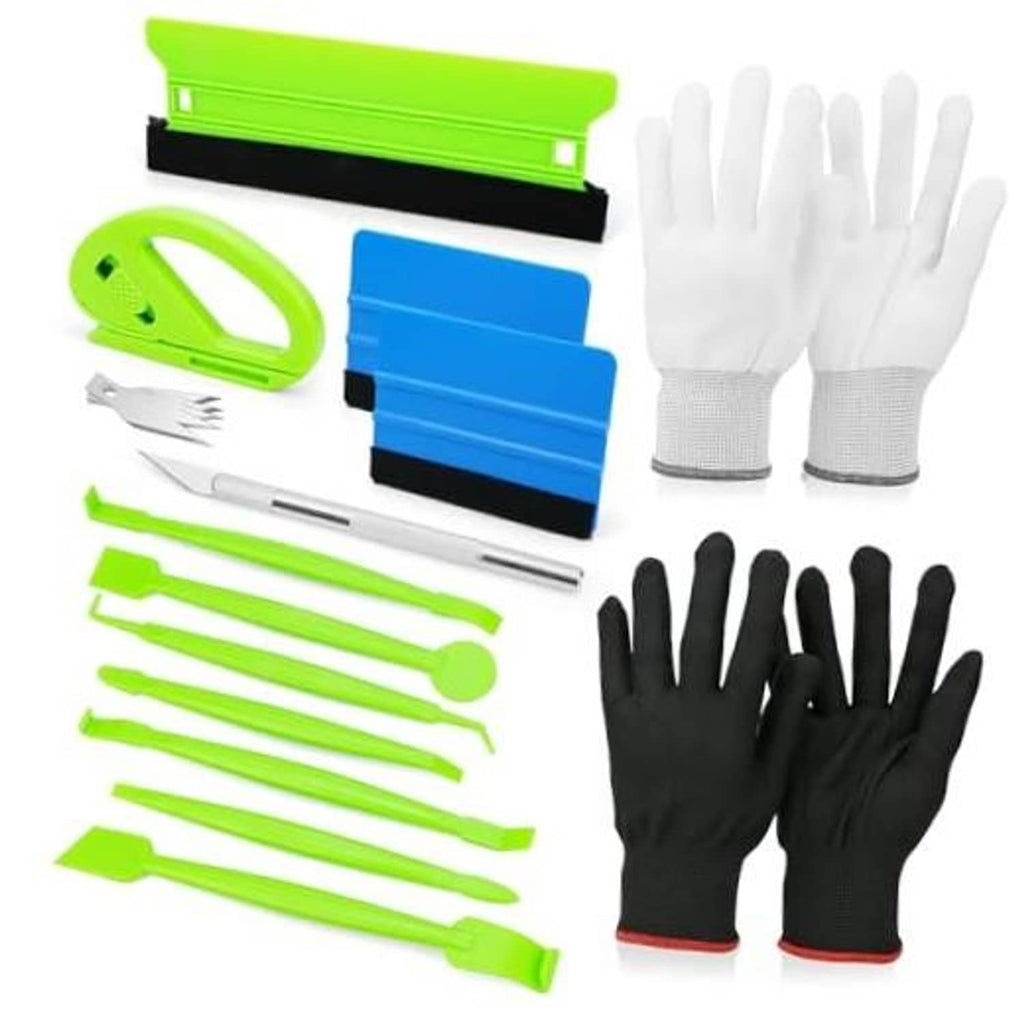 Vehicle vinyl wrap tools kit with felt squeegees, cutter, and work gloves