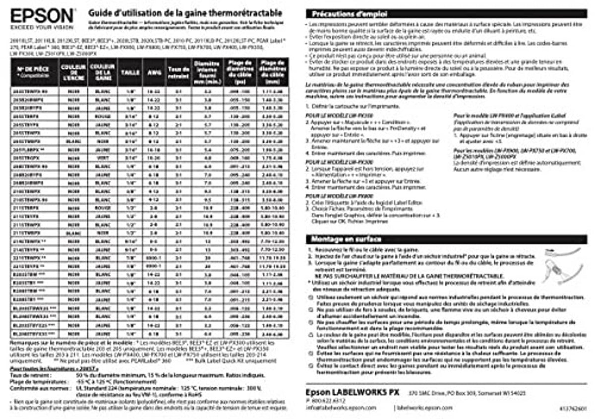 Heat shrink tube guide instruction page with specifications and installation steps