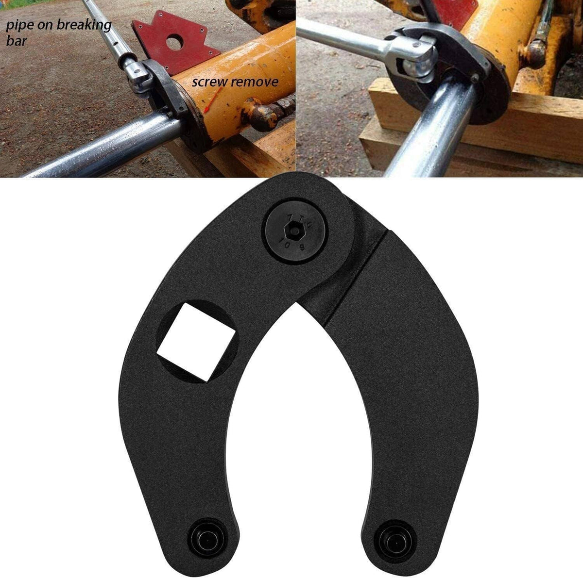 Black hydraulic gland nut wrench with square drive opening and two side pins