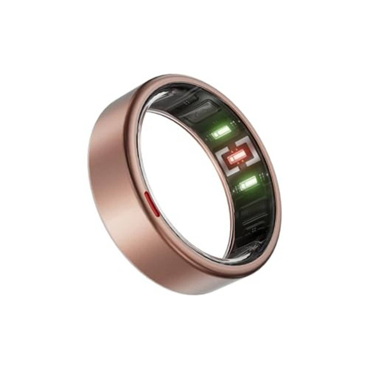 Matte rose gold titanium smart ring with glossy black sensor window and inner white band