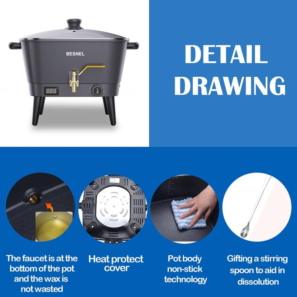Black electric wax melter with brass spigot faucet and digital temperature display
