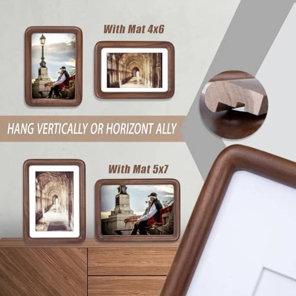 Walnut wood 4x6 photo frames with white mat, hang vertically or horizontally options shown