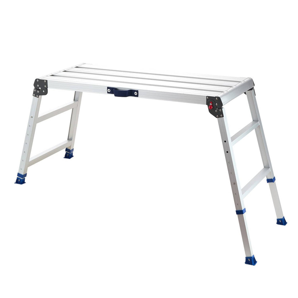 Adjustable folding work platform with blue foot pads and slatted top, white frame
