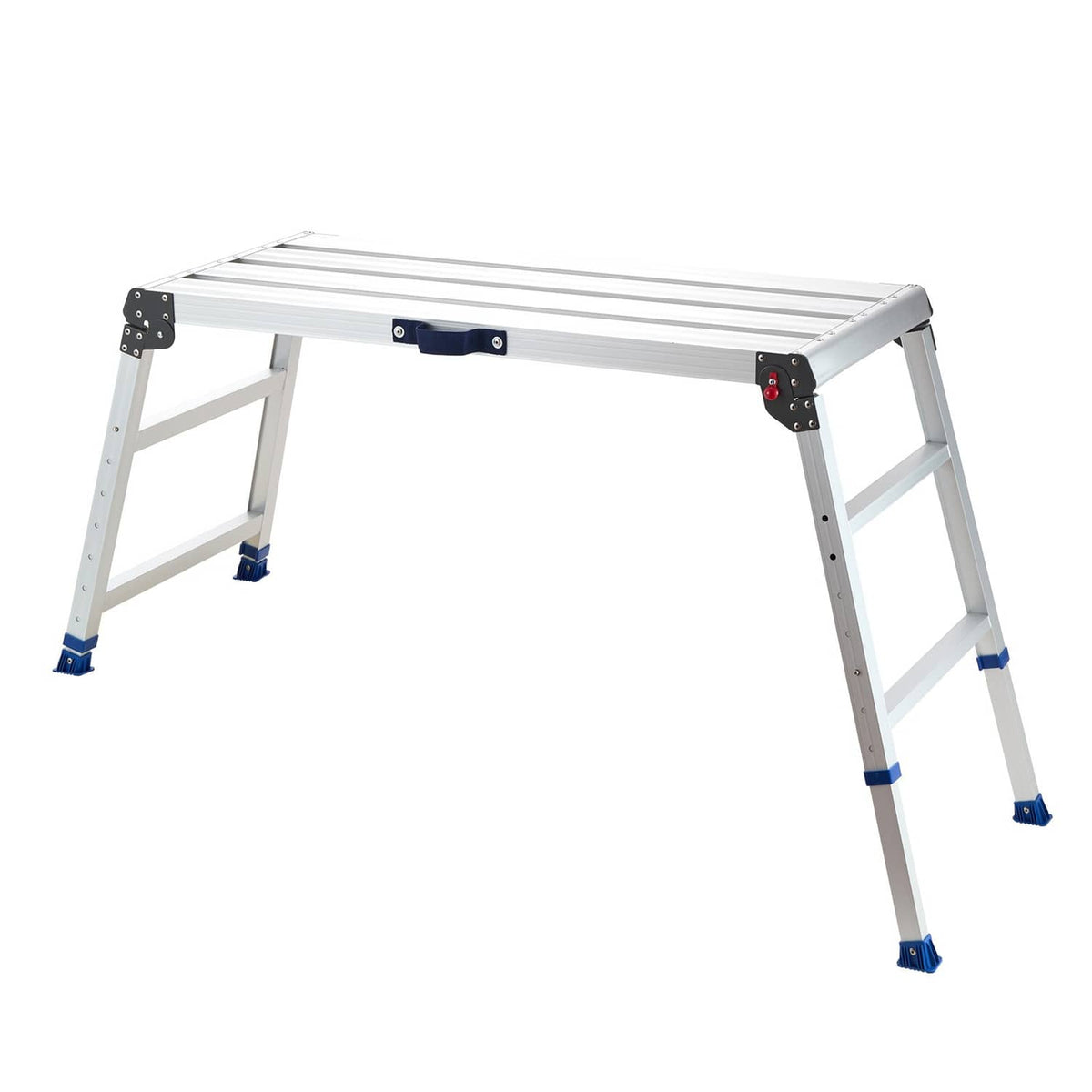 Adjustable folding work platform with blue foot pads and slatted top, white frame