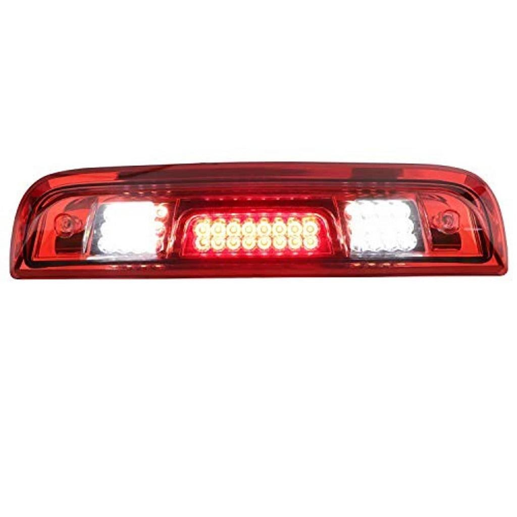 Red LED third brake light lens with central illuminated LED grid and two white blocks