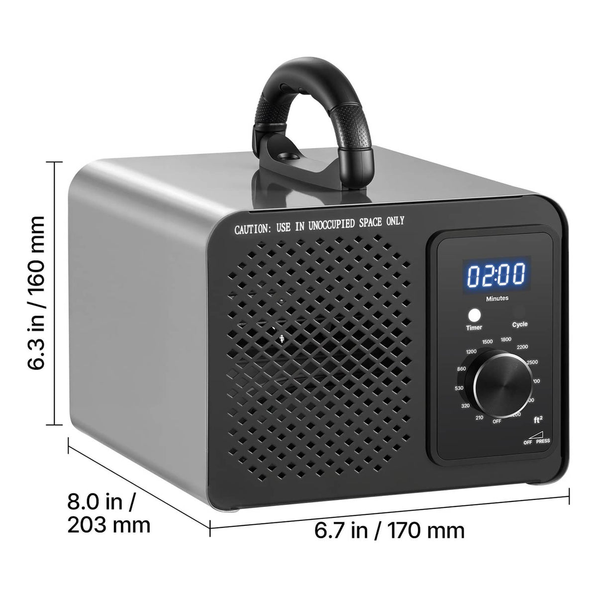 Compact ozone generator machine side view with handle and blue timer screen