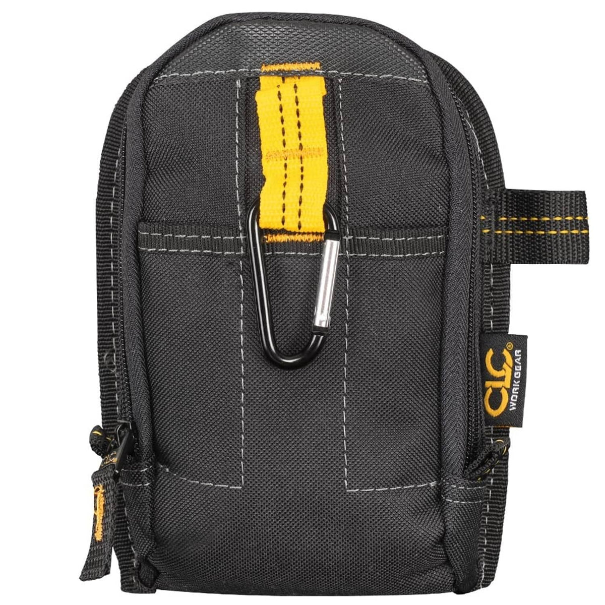 Black tool carry-all pouch with yellow vertical tool strap and D-ring key holder