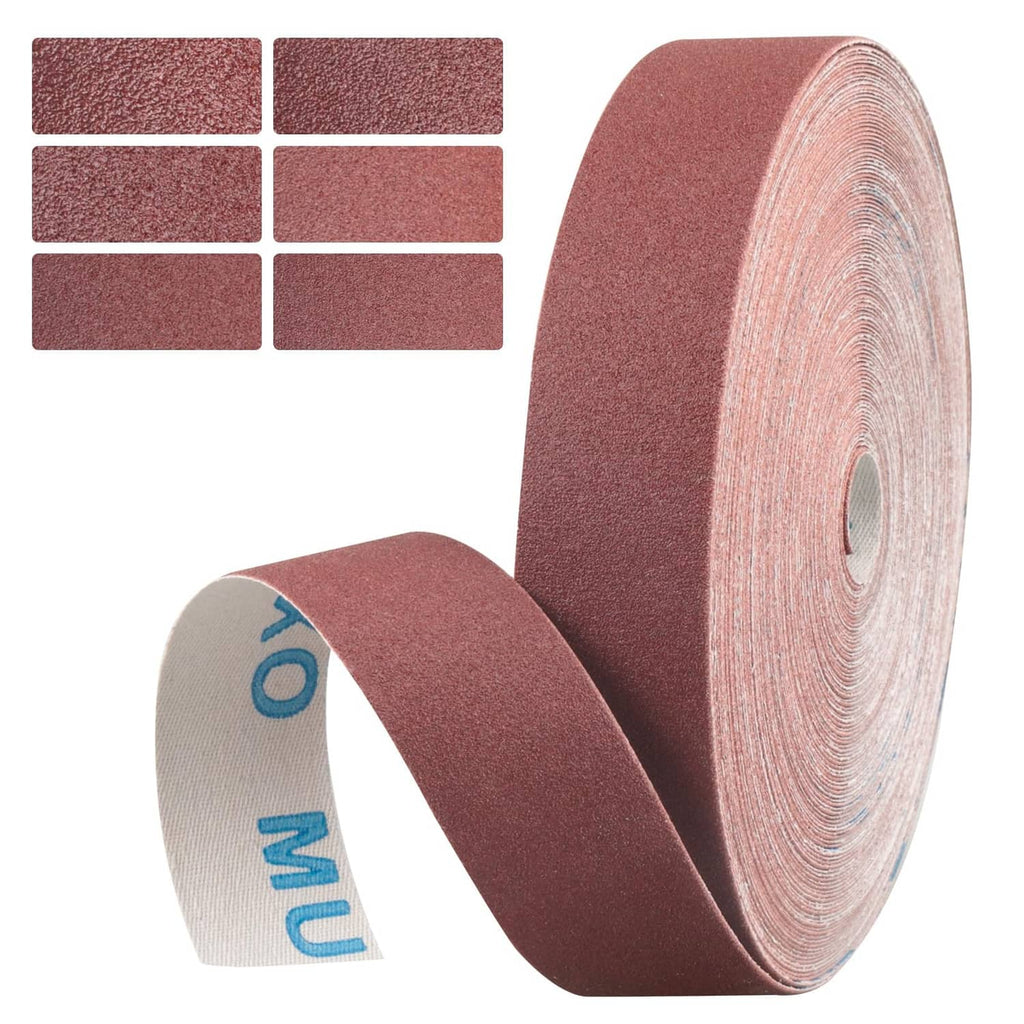 Red 240-grit emery cloth sandpaper roll with texture swatches, abrasive sheet roll