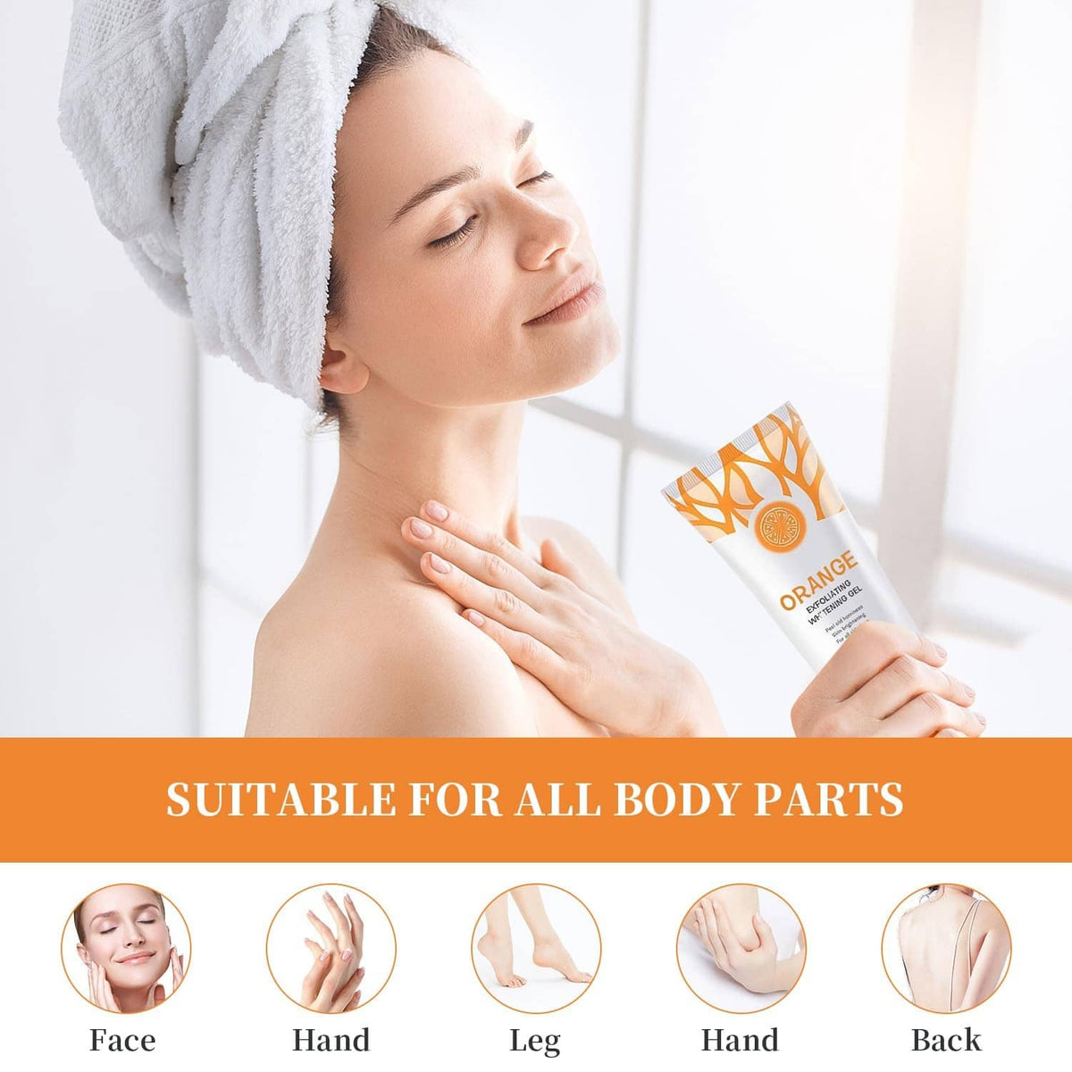 Orange exfoliating gel scrub tube used on skin, suitable for face and body parts