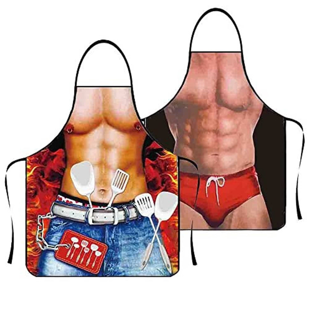 Two novelty bib aprons with utensil-themed prints and adjustable neck straps