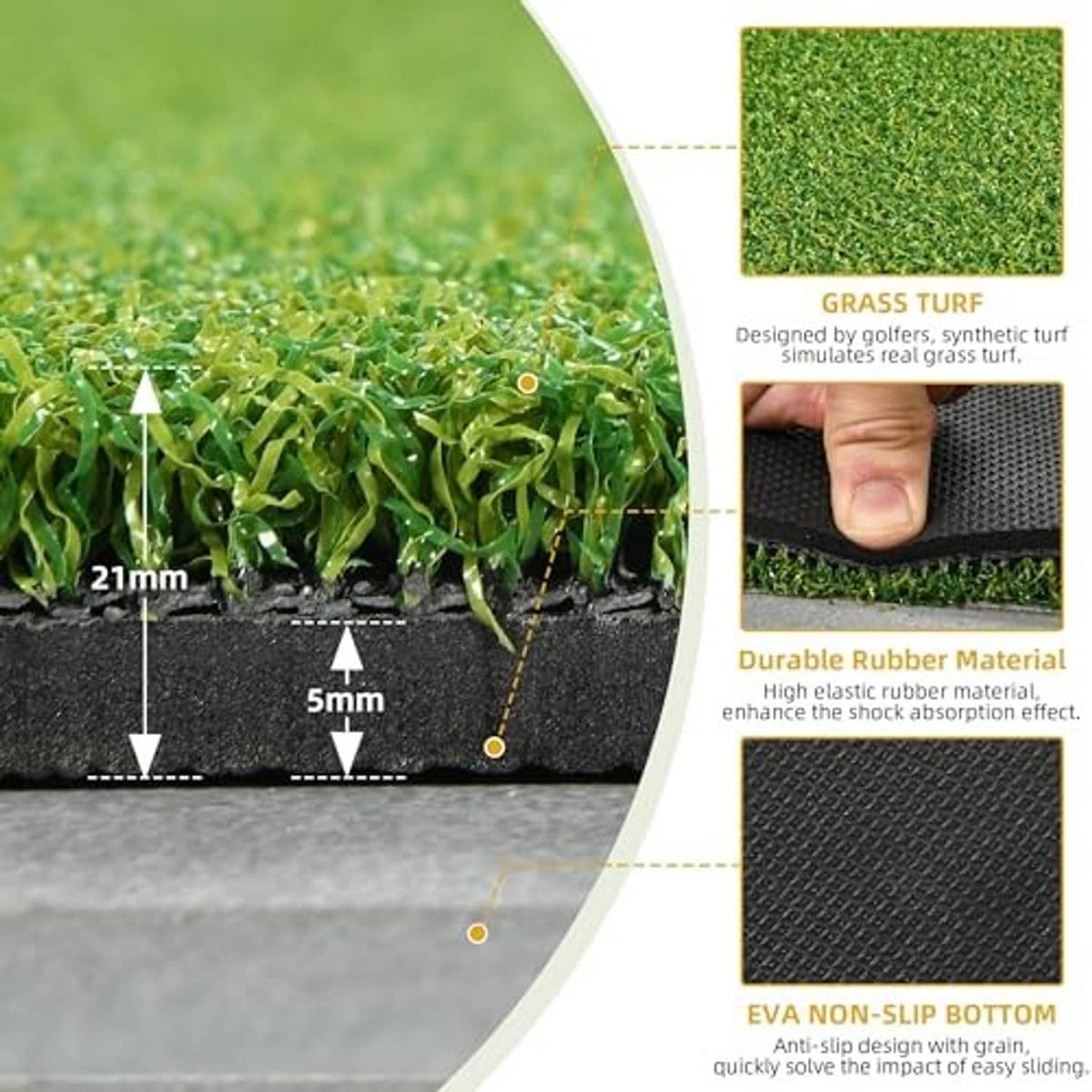 Green artificial grass golf mat with layered rubber base