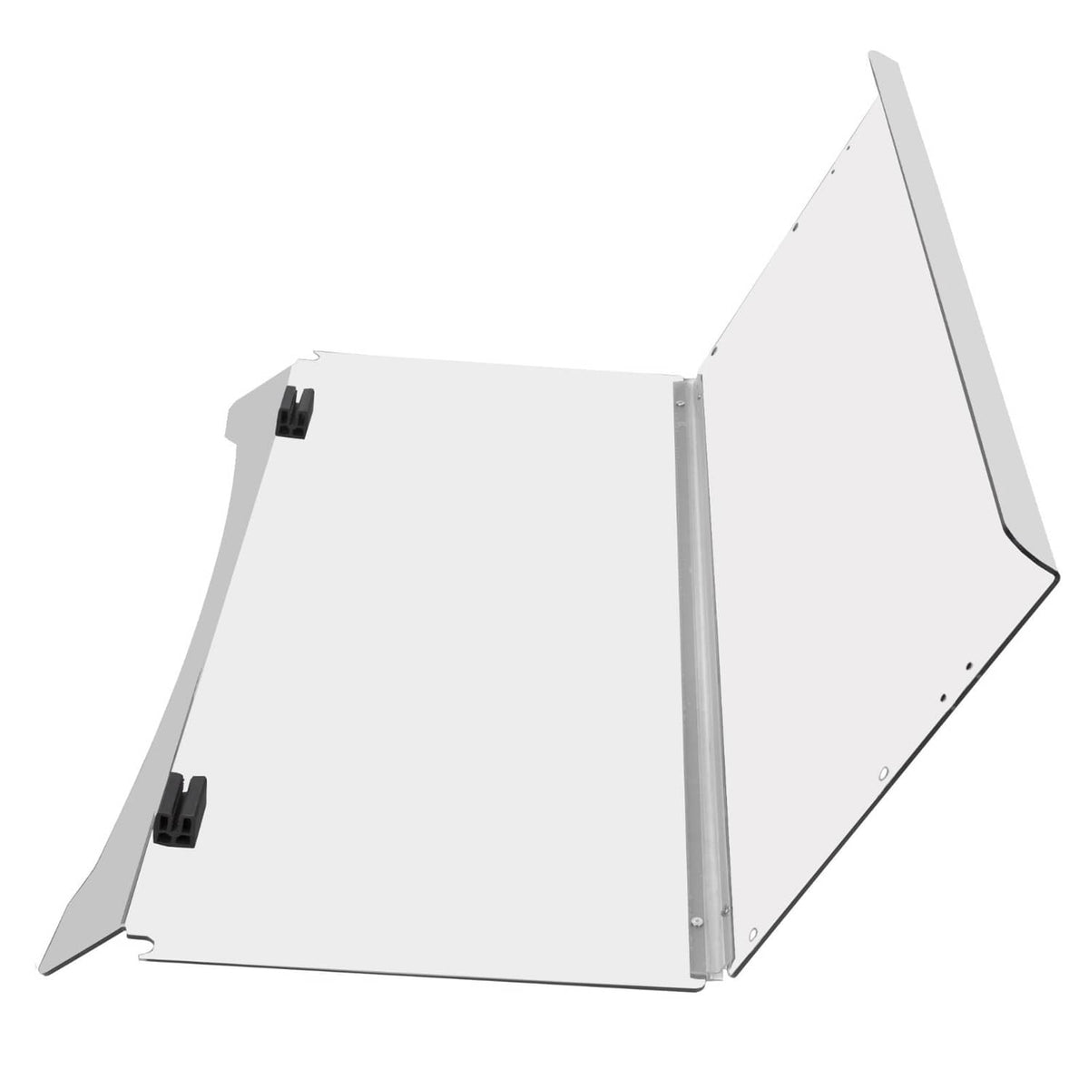 Clear folding windscreen with metal side frame and black mounting clamps