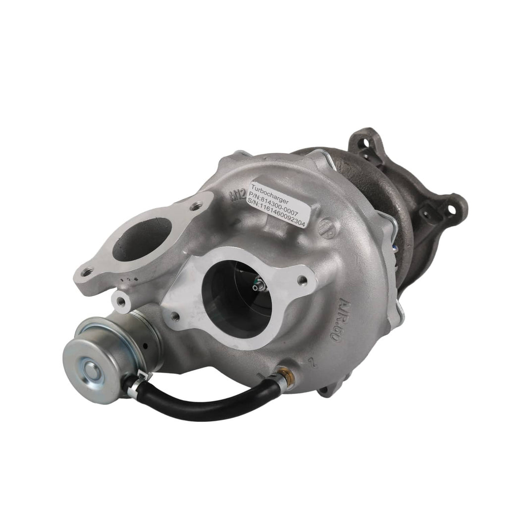 Turbocharger assembly with silver actuator and cast turbine housing; black outlet ports