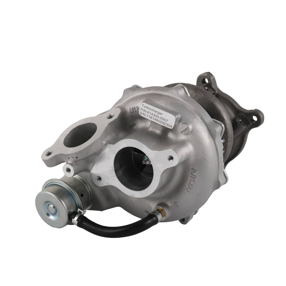 Turbocharger assembly with silver actuator and cast turbine housing; black outlet ports