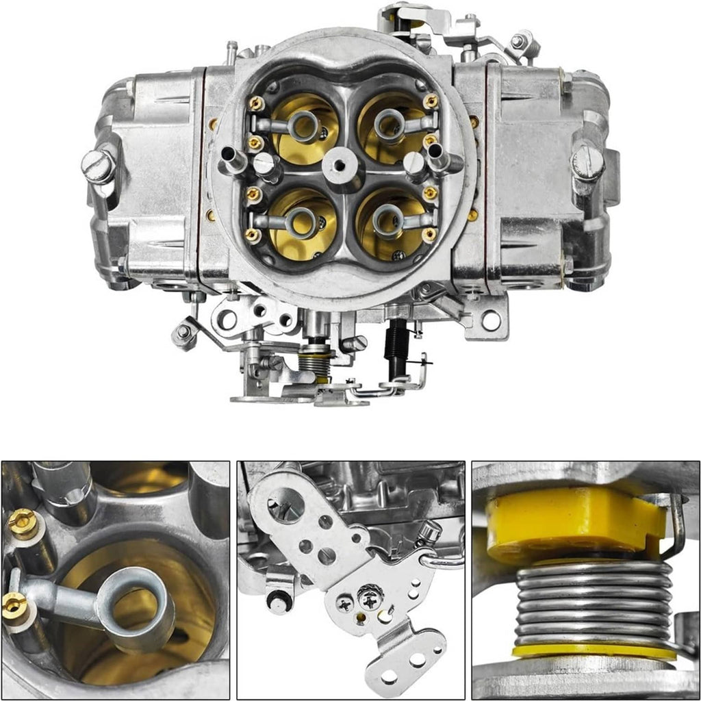 4-barrel carburetor front view with four gold bores and gold adjuster caps