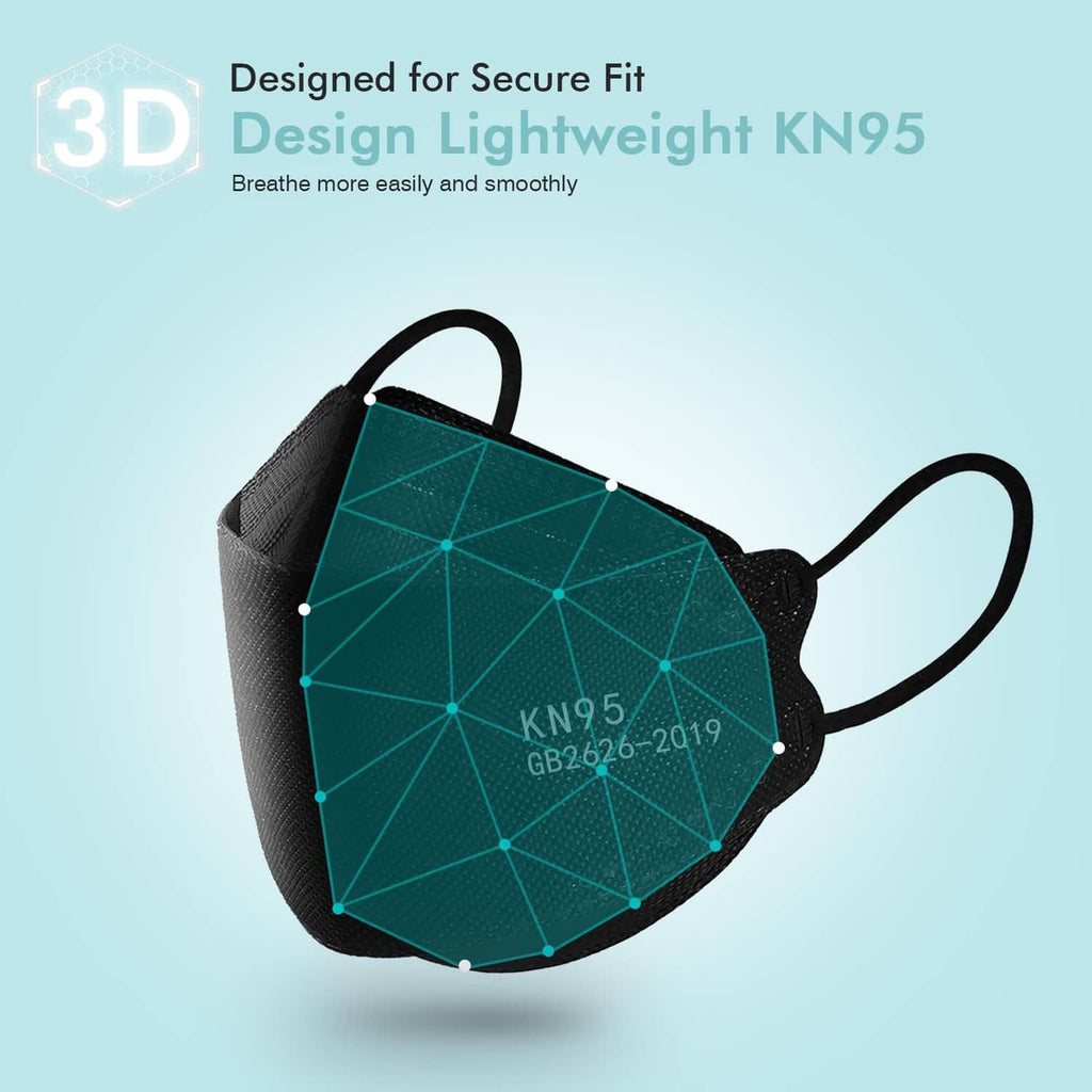 Black KN95 foldable face mask with teal inner pattern and ear loops