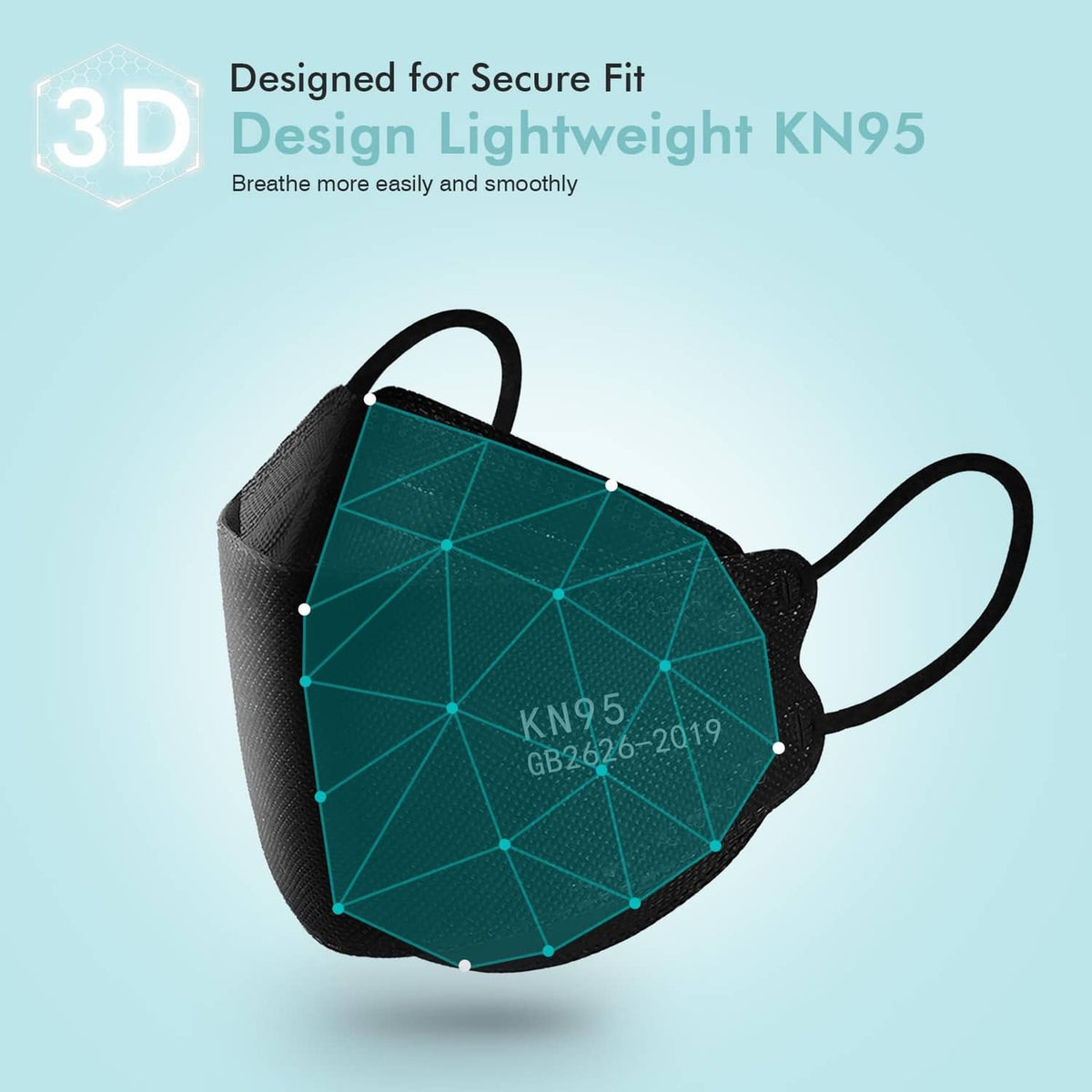 Black KN95 foldable face mask with teal inner pattern and ear loops