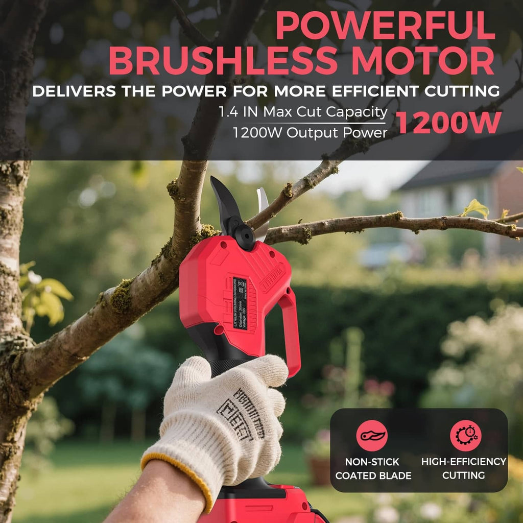 Red cordless pruning shears with black handle, cutting head, and LED work light