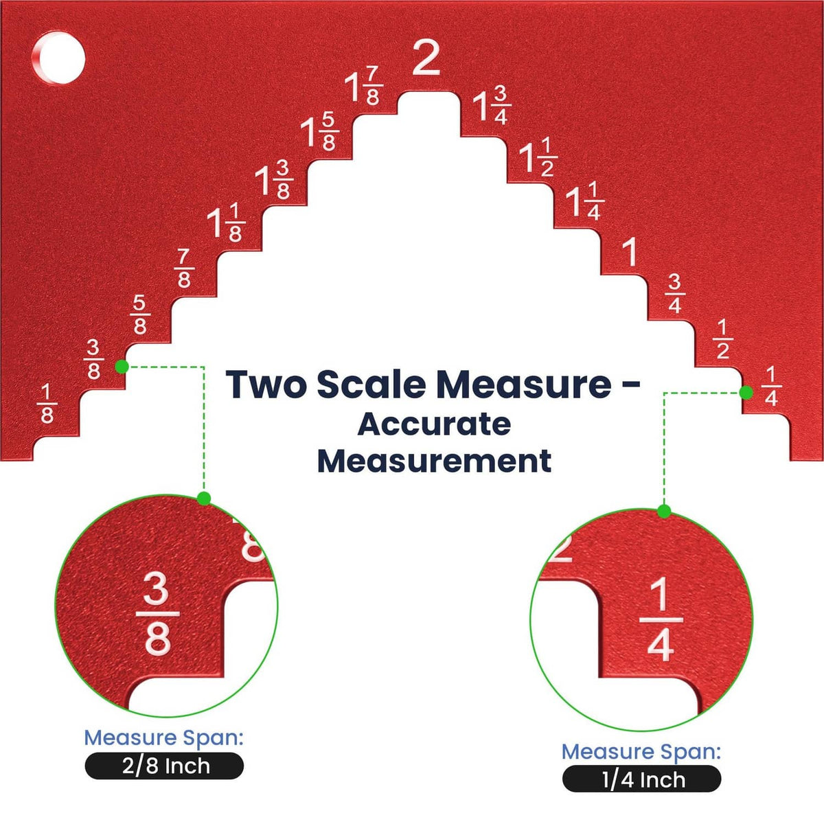 Red aluminum table saw height gauge face with two curved inch scales and cutouts