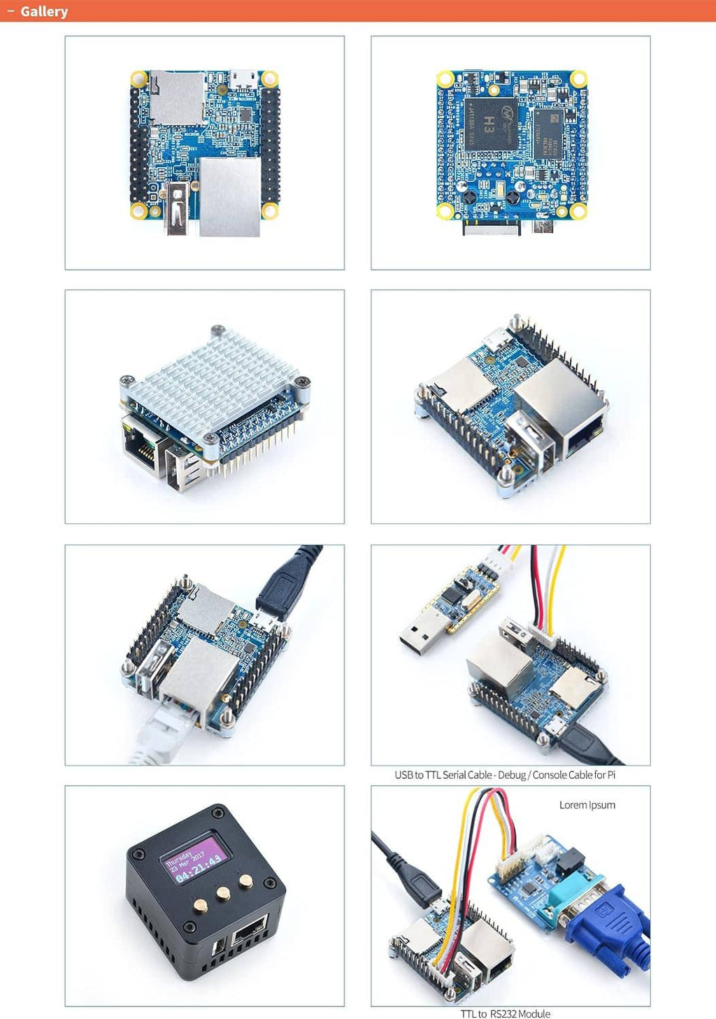 Nanopi NEO H3 development board product gallery showing multiple board angles and views