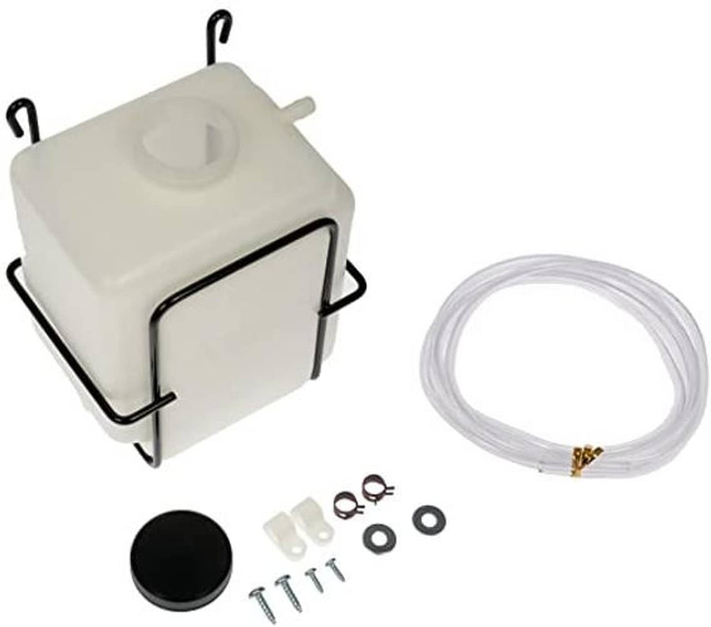 Engine coolant recovery tank kit with hose, black cap, and mounting hardware