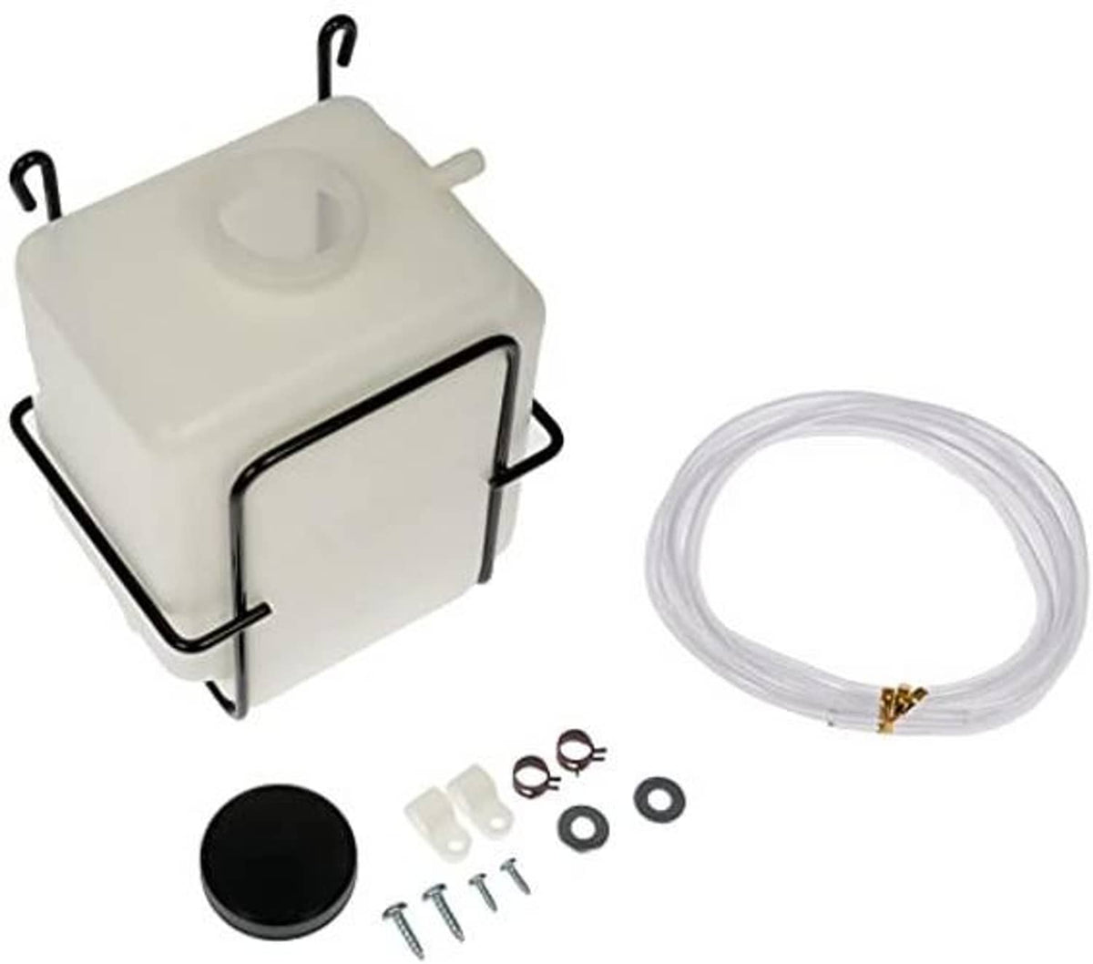 Engine coolant recovery tank kit with hose, black cap, and mounting hardware