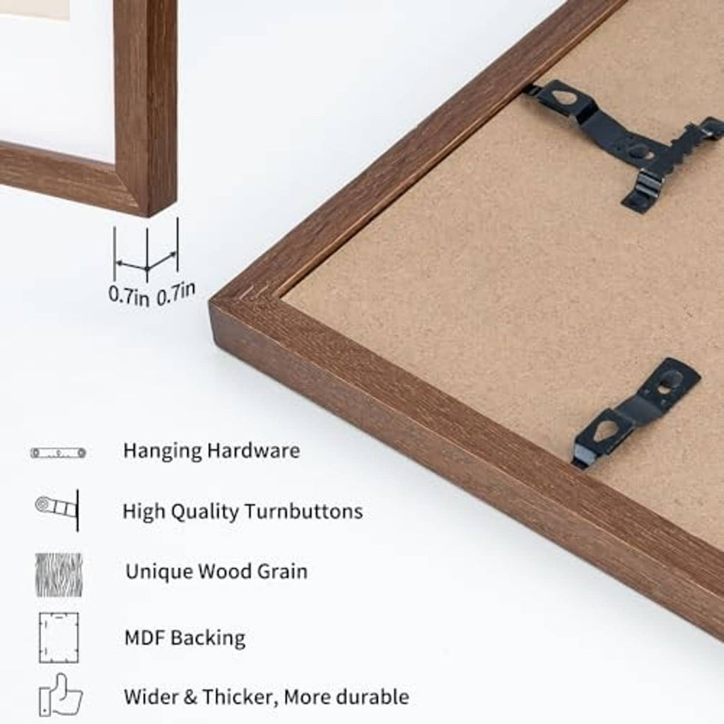 Wood picture frame back corner with metal hanging hardware and MDF backing