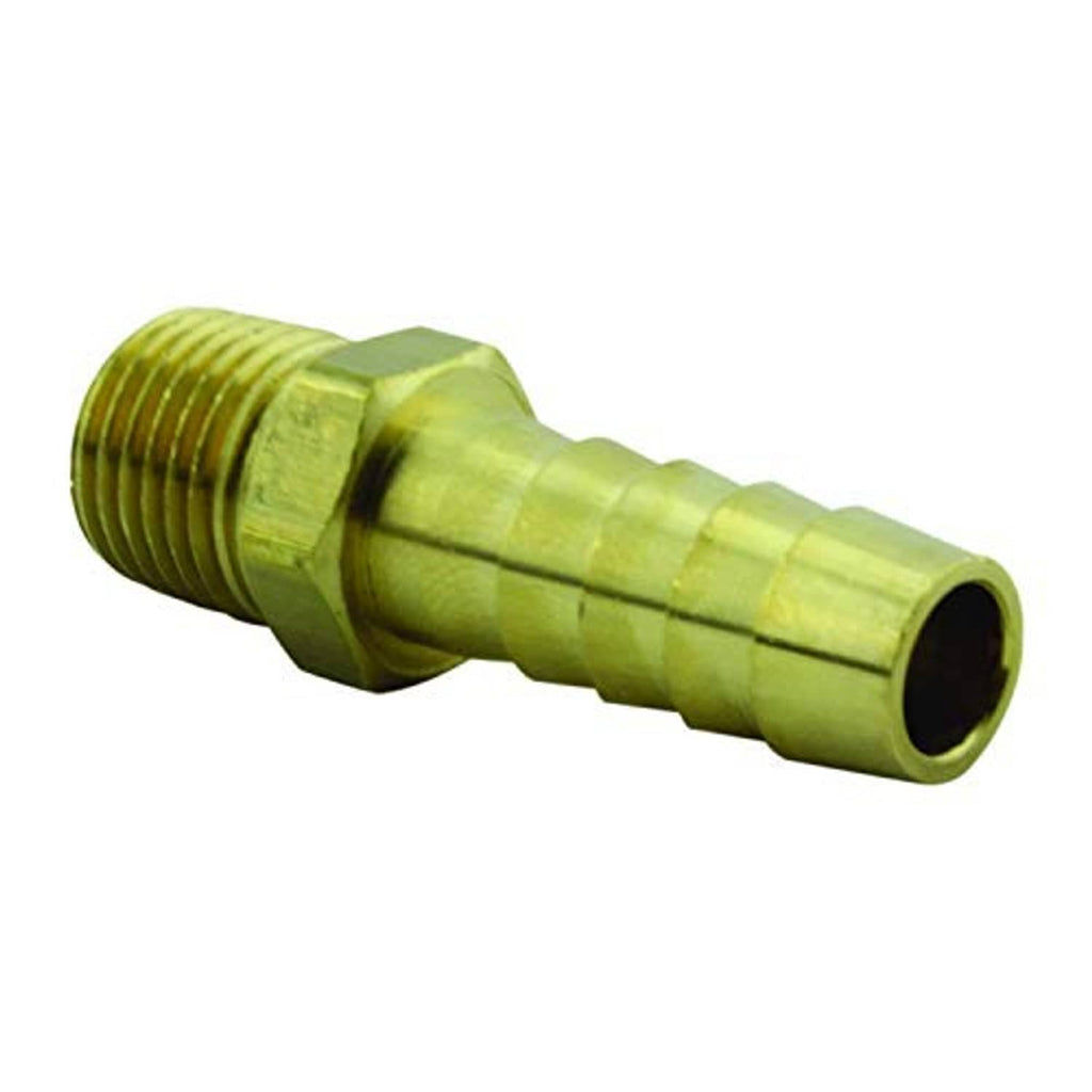 Brass hose end fitting with barbed port and male thread adapter, olive green, 1/4" x 3/8"