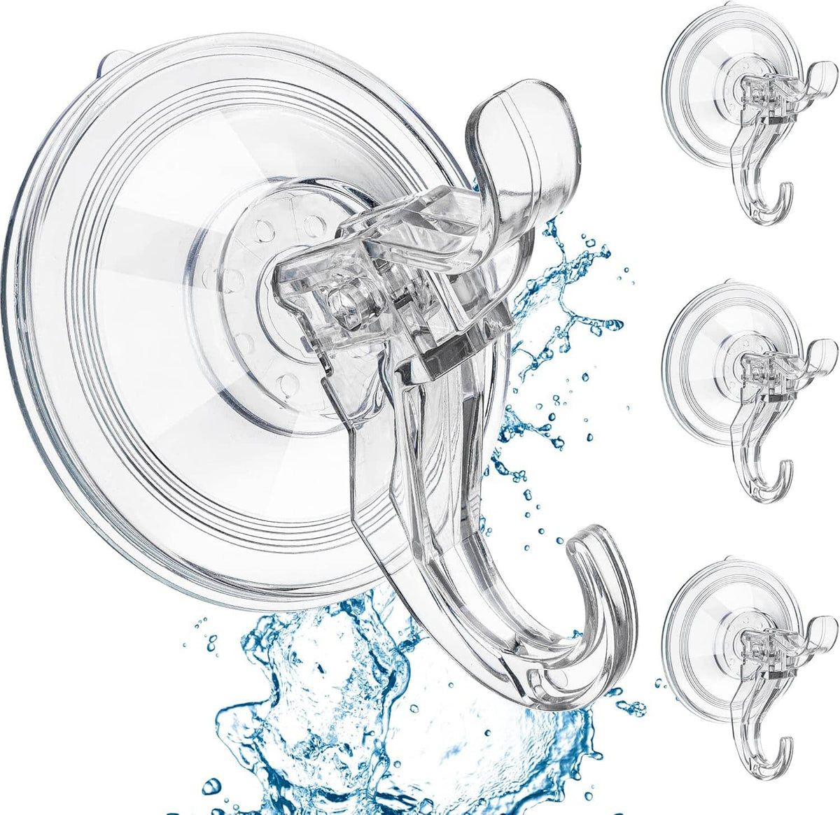 Chrome suction cup hook set with several removable towel hooks for shower