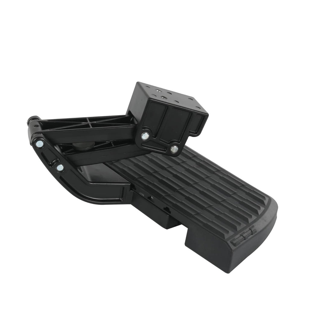 Black retractable truck bed side step assembly with ridged step surface and hinge arm