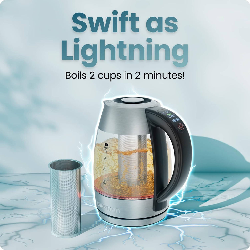 Stainless steel electric kettle with black handle and digital control panel, 1.8L.